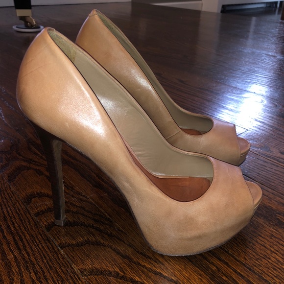Shoes - ALDO Nude Leather Platform Peep-toe Pumps